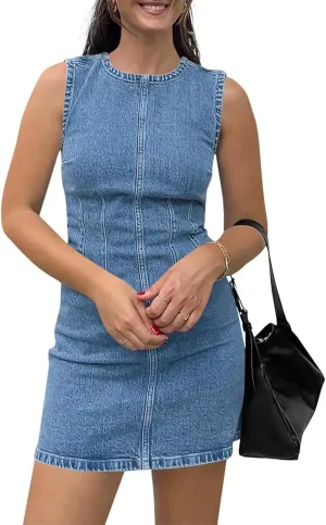 Wenrine Womens Denim Mini Dress Casual Sleeveless Crewneck Summer Jean Tank Dresses