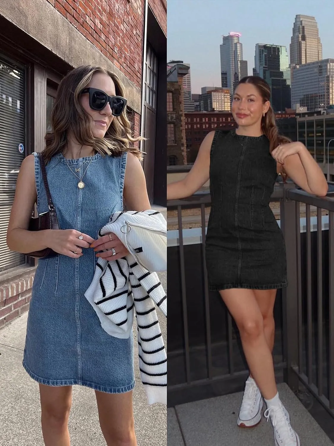 Wenrine Womens Denim Mini Dress Casual Sleeveless Crewneck Summer Jean Tank Dresses