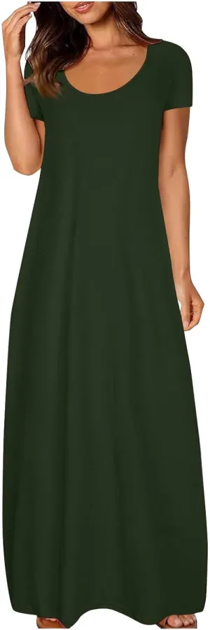Women Boho Summer Maxi Dress 2025 Short Sleeve Casual Long Dresses Plain Crew Neck Beach Vacation A Line Sundress