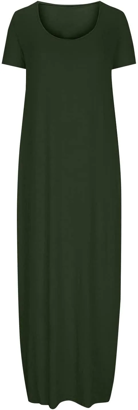 Women Boho Summer Maxi Dress 2025 Short Sleeve Casual Long Dresses Plain Crew Neck Beach Vacation A Line Sundress