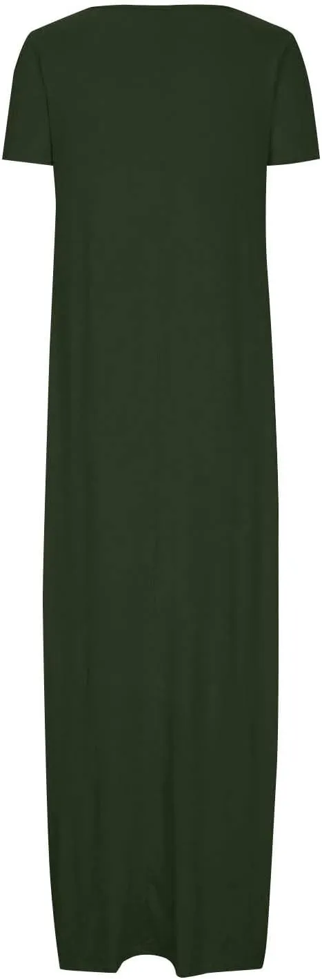 Women Boho Summer Maxi Dress 2025 Short Sleeve Casual Long Dresses Plain Crew Neck Beach Vacation A Line Sundress