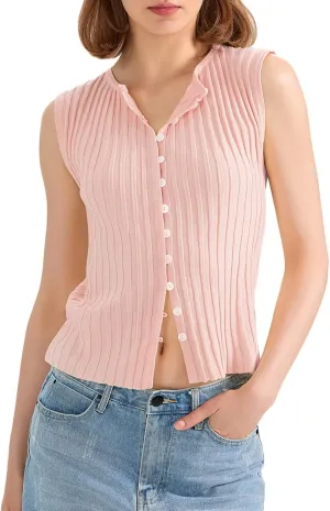 Women Button Up Vest Tank Top Ribbed Knit Sleeveless Slim Fit Shirt Summer Y2k Dressy Going Out Tops