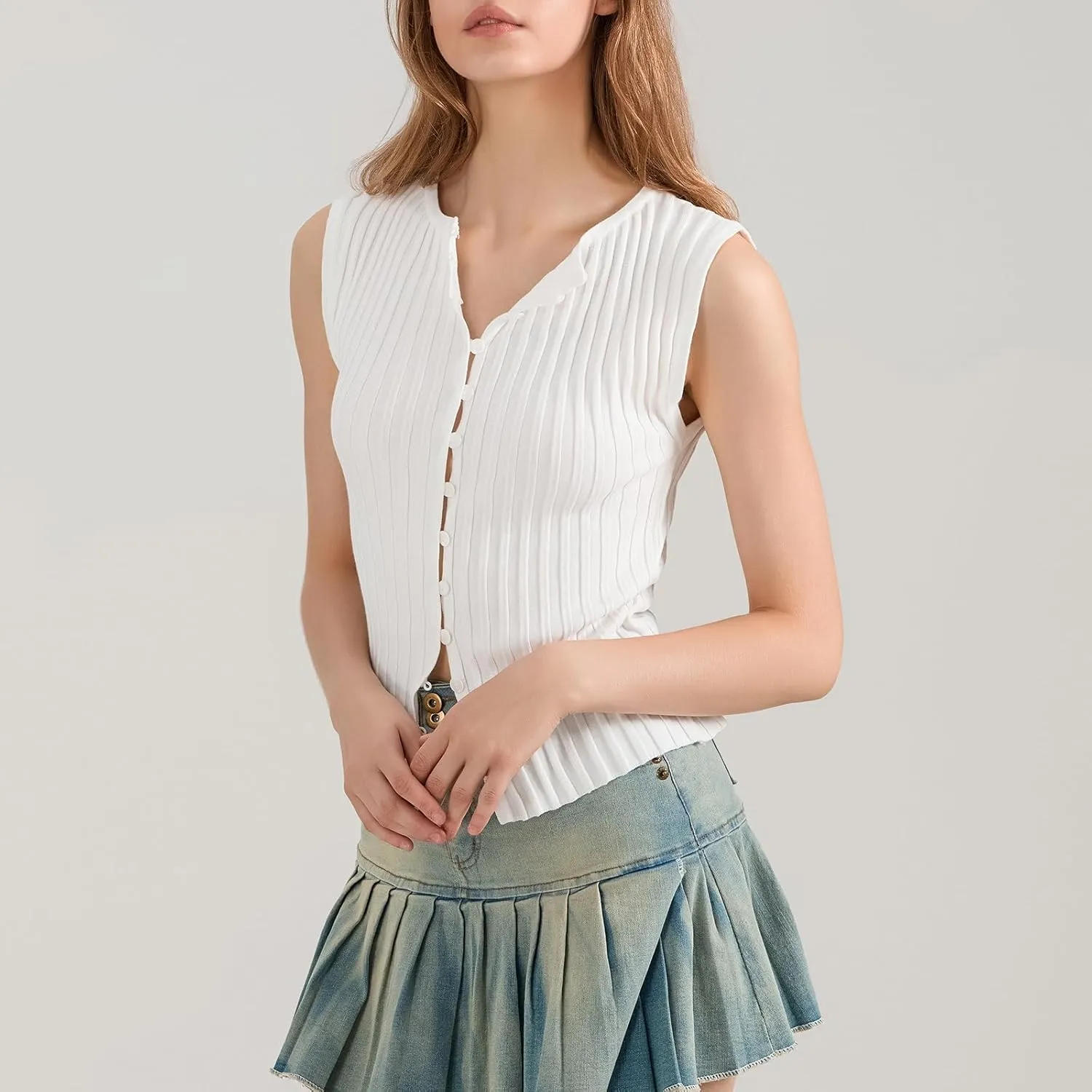 Women Button Up Vest Tank Top Ribbed Knit Sleeveless Slim Fit Shirt Summer Y2k Dressy Going Out Tops