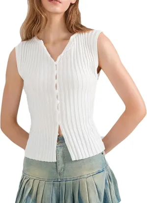 Women Button Up Vest Tank Top Ribbed Knit Sleeveless Slim Fit Shirt Summer Y2k Dressy Going Out Tops