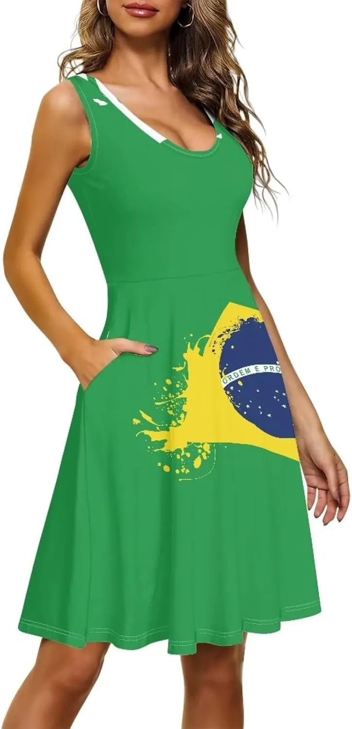 Women Dress Vest Sleeveless Scoop Neck Sundress Pockets Stretchy Plus Size Knee Length Tank Dresses, XS-4XL
