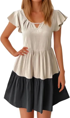 Women Dresses Casual Summer Puff Short Sleeve Color Block Loose A Line Sundress Beach Vacation Ladies Dress
