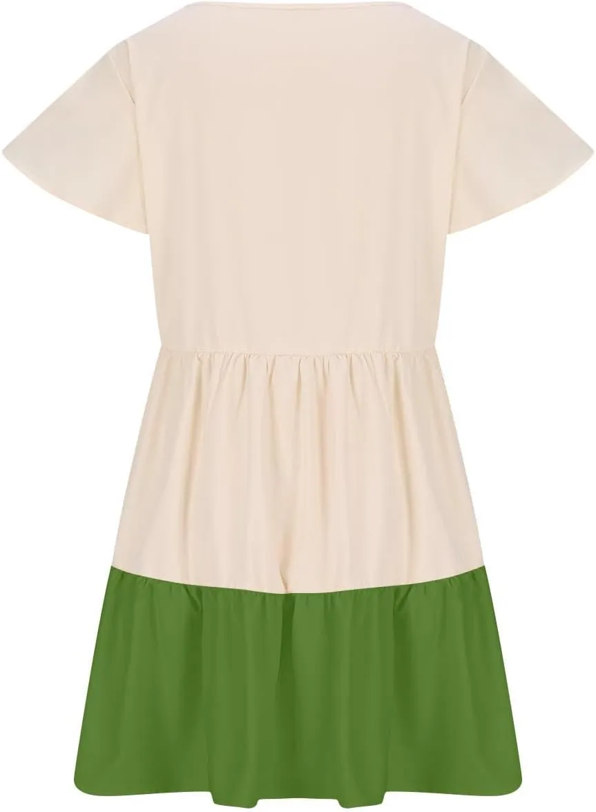 Women Dresses Casual Summer Puff Short Sleeve Color Block Loose A Line Sundress Beach Vacation Ladies Dress
