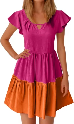 Women Dresses Casual Summer Puff Short Sleeve Color Block Loose A Line Sundress Beach Vacation Ladies Dress