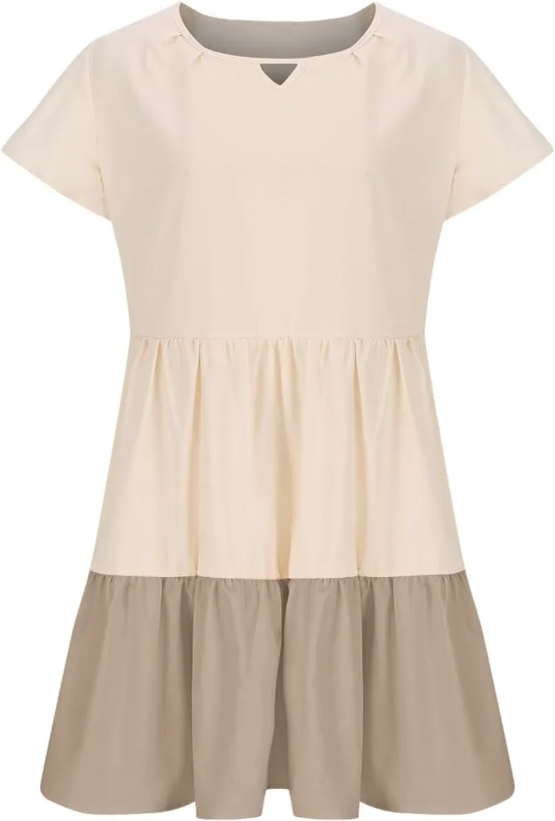 Women Dresses Casual Summer Puff Short Sleeve Color Block Loose A Line Sundress Beach Vacation Ladies Dress