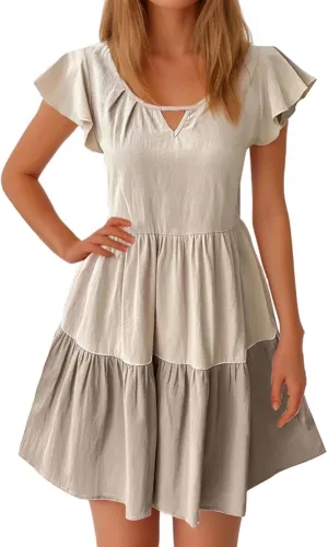 Women Dresses Casual Summer Puff Short Sleeve Color Block Loose A Line Sundress Beach Vacation Ladies Dress
