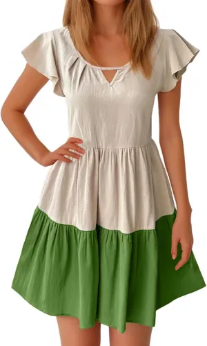 Women Dresses Casual Summer Puff Short Sleeve Color Block Loose A Line Sundress Beach Vacation Ladies Dress