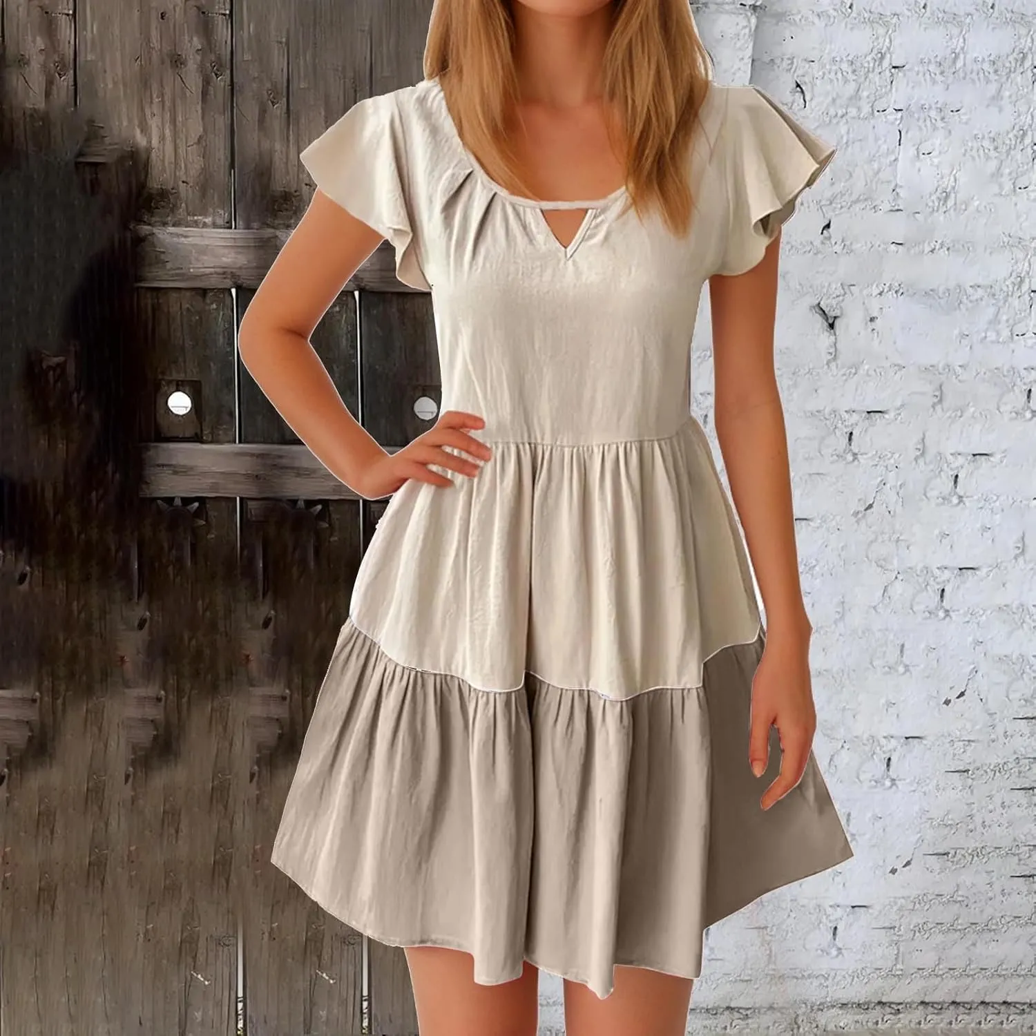 Women Dresses Casual Summer Puff Short Sleeve Color Block Loose A Line Sundress Beach Vacation Ladies Dress