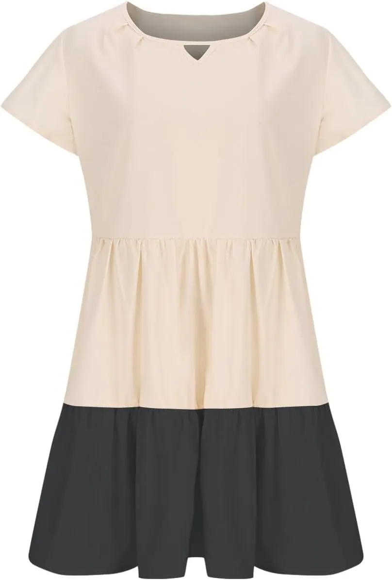 Women Dresses Casual Summer Puff Short Sleeve Color Block Loose A Line Sundress Beach Vacation Ladies Dress