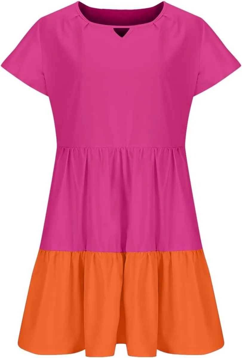 Women Dresses Casual Summer Puff Short Sleeve Color Block Loose A Line Sundress Beach Vacation Ladies Dress