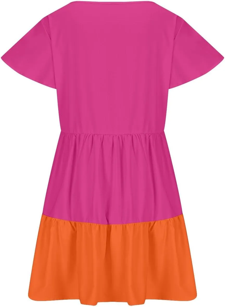 Women Dresses Casual Summer Puff Short Sleeve Color Block Loose A Line Sundress Beach Vacation Ladies Dress