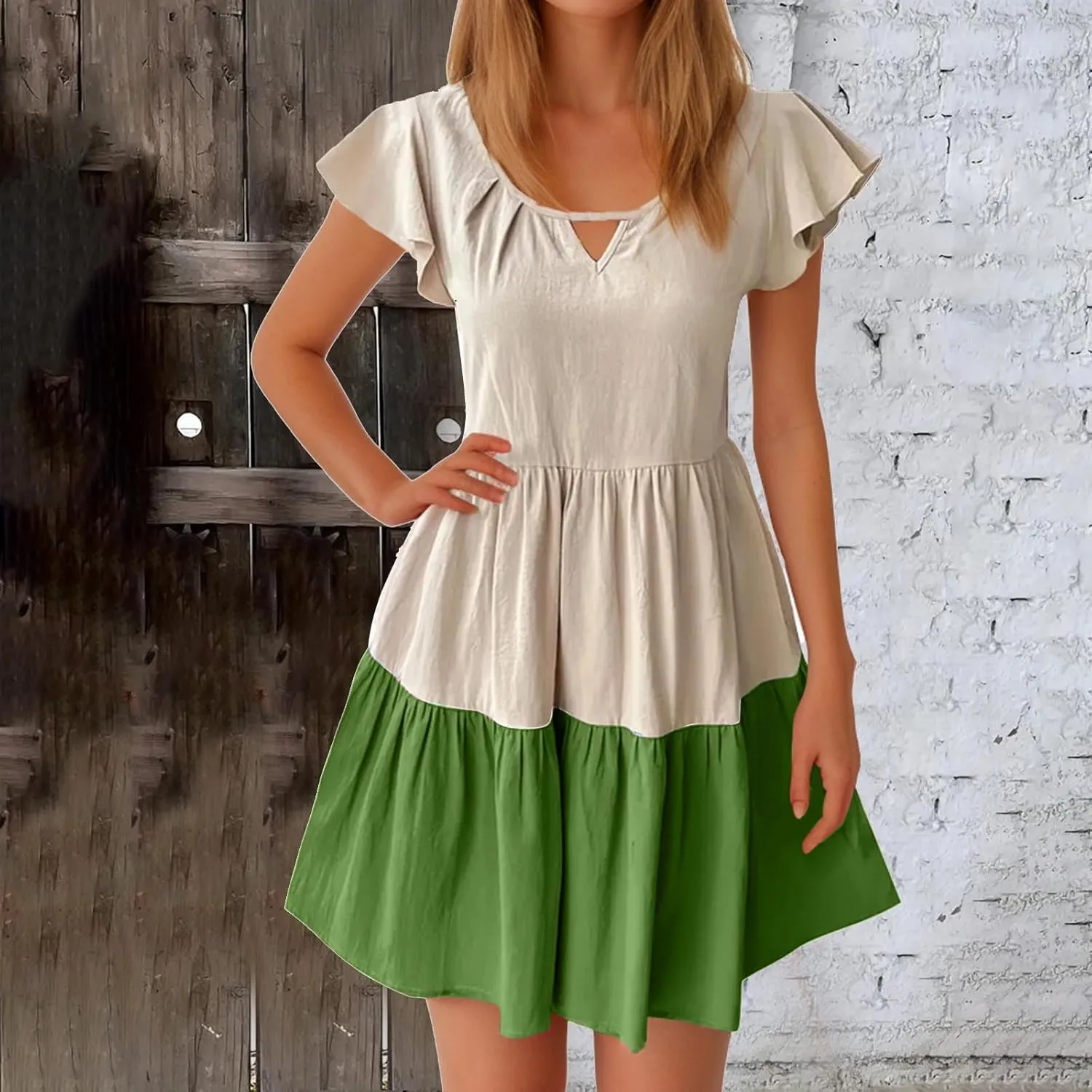 Women Dresses Casual Summer Puff Short Sleeve Color Block Loose A Line Sundress Beach Vacation Ladies Dress