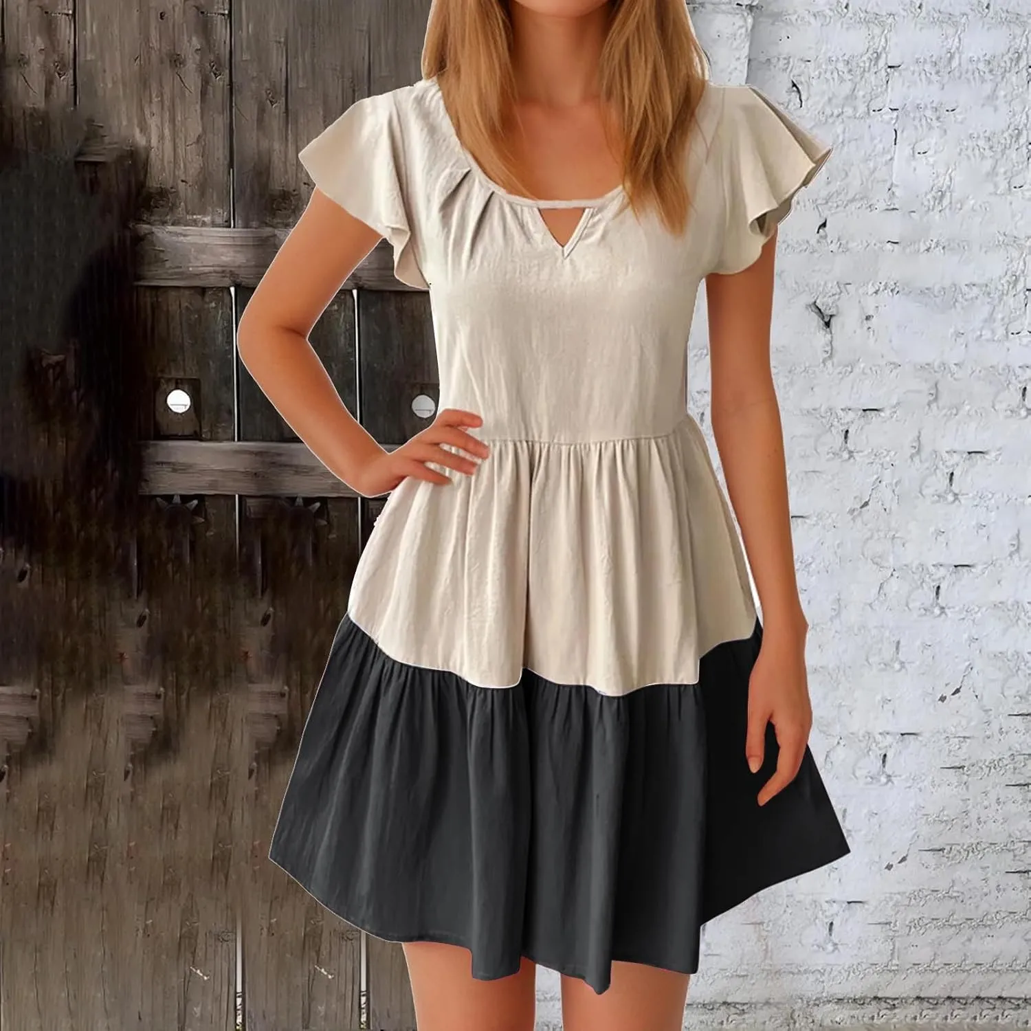 Women Dresses Casual Summer Puff Short Sleeve Color Block Loose A Line Sundress Beach Vacation Ladies Dress