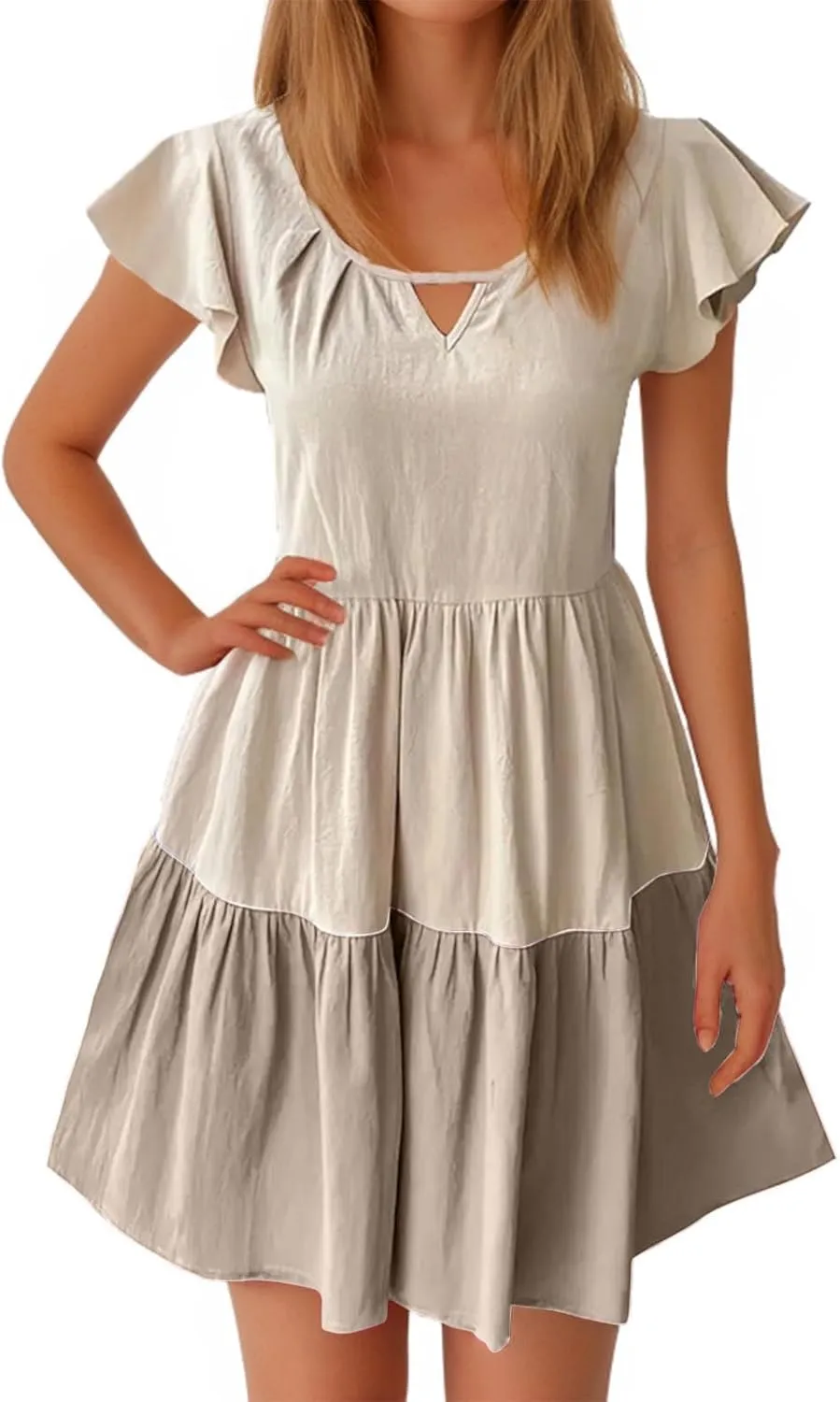 Women Dresses Casual Summer Puff Short Sleeve Color Block Loose A Line Sundress Beach Vacation Ladies Dress