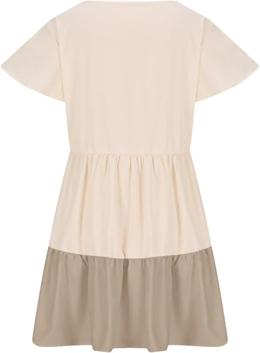 Women Dresses Casual Summer Puff Short Sleeve Color Block Loose A Line Sundress Beach Vacation Ladies Dress