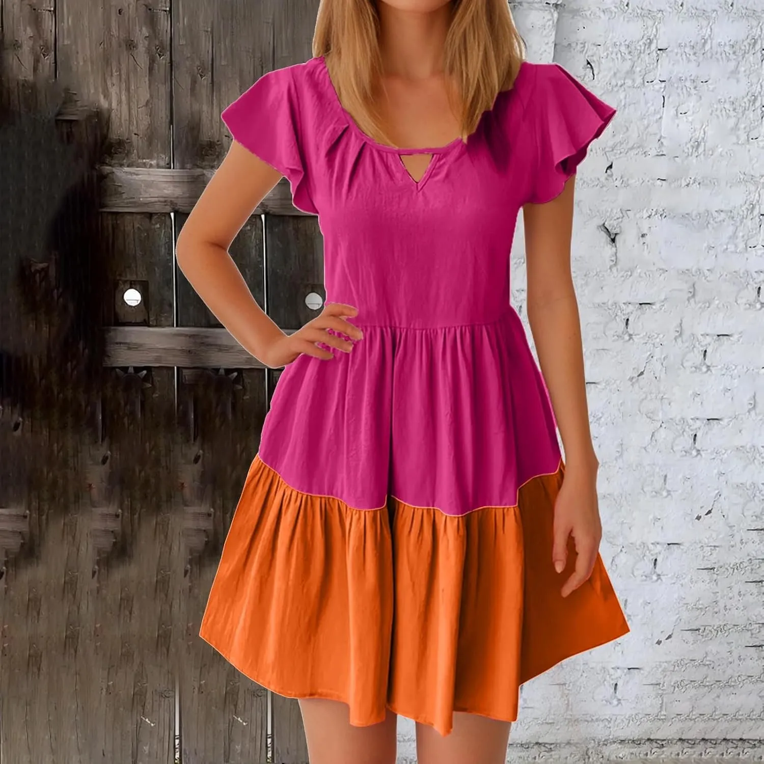 Women Dresses Casual Summer Puff Short Sleeve Color Block Loose A Line Sundress Beach Vacation Ladies Dress