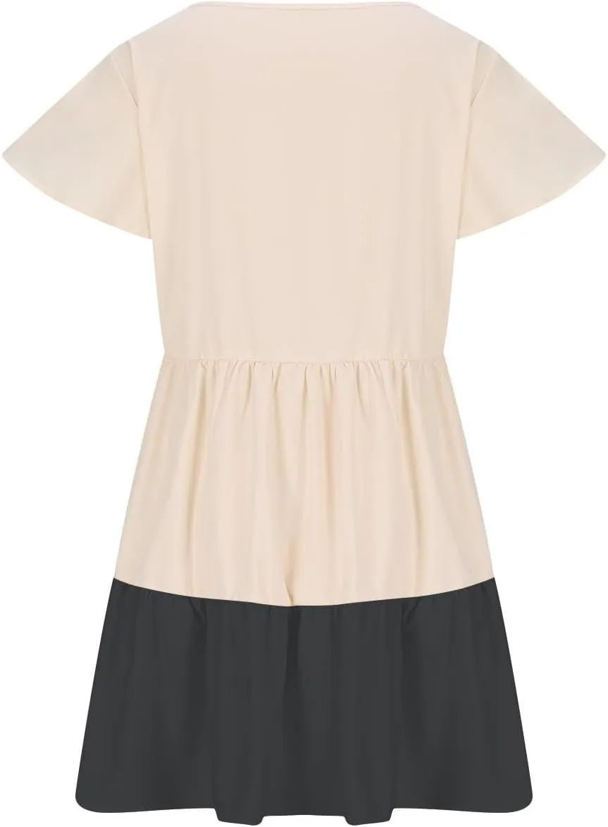 Women Dresses Casual Summer Puff Short Sleeve Color Block Loose A Line Sundress Beach Vacation Ladies Dress
