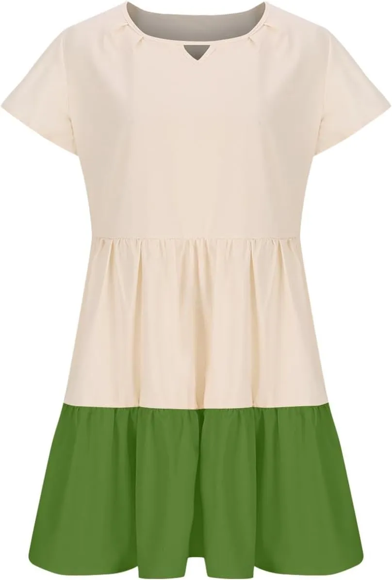 Women Dresses Casual Summer Puff Short Sleeve Color Block Loose A Line Sundress Beach Vacation Ladies Dress