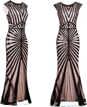 Women Evening Maxi Long Dress 1920s Sequin Mermaid Hem Wedding Prom Gown Vintage Lace Fringed Gatsby Cocktail Dress