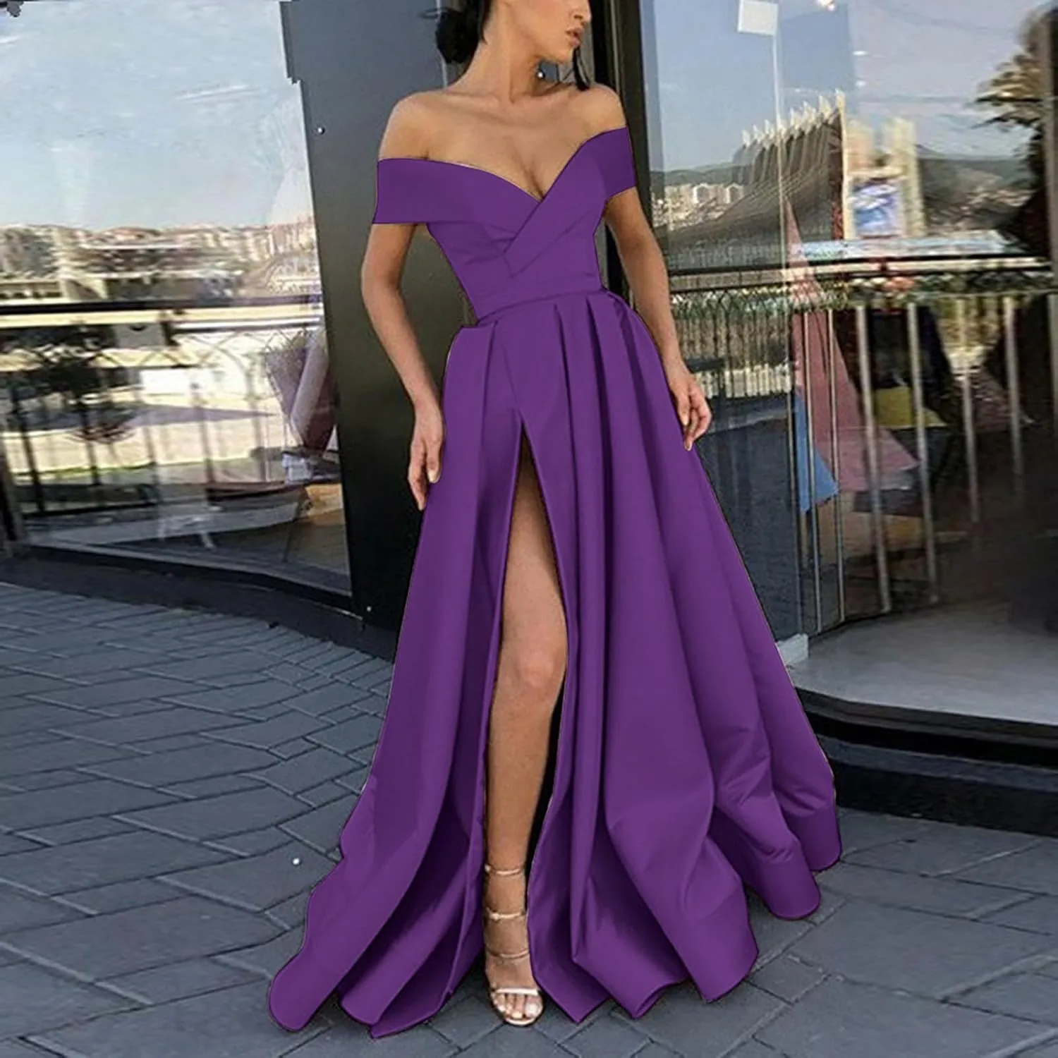 Women Floor Length Cocktail Chiffon Summer Dresses Temperament French Retro Low Cut V Neck Long Dress with High Slit