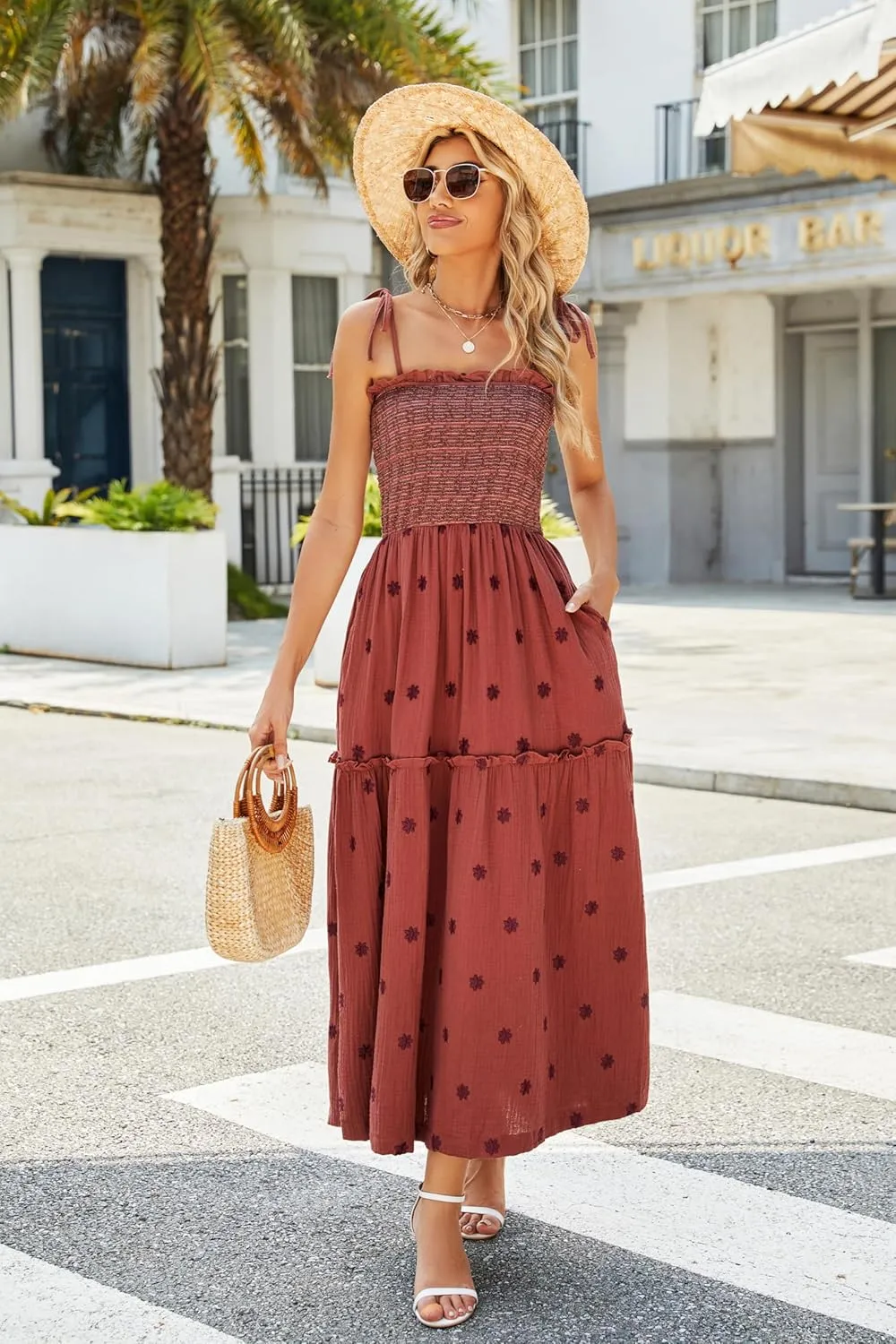 Women Floral Embroidered Maxi Dress Sleeveless Tie Shoulder Smocked Flowy Dress Boho Summer Sundresses with Pockets