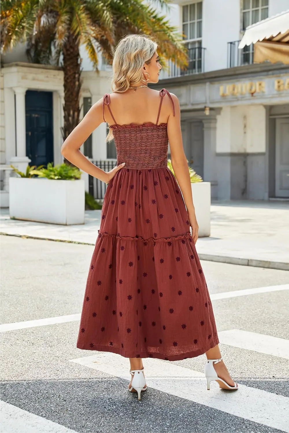 Women Floral Embroidered Maxi Dress Sleeveless Tie Shoulder Smocked Flowy Dress Boho Summer Sundresses with Pockets