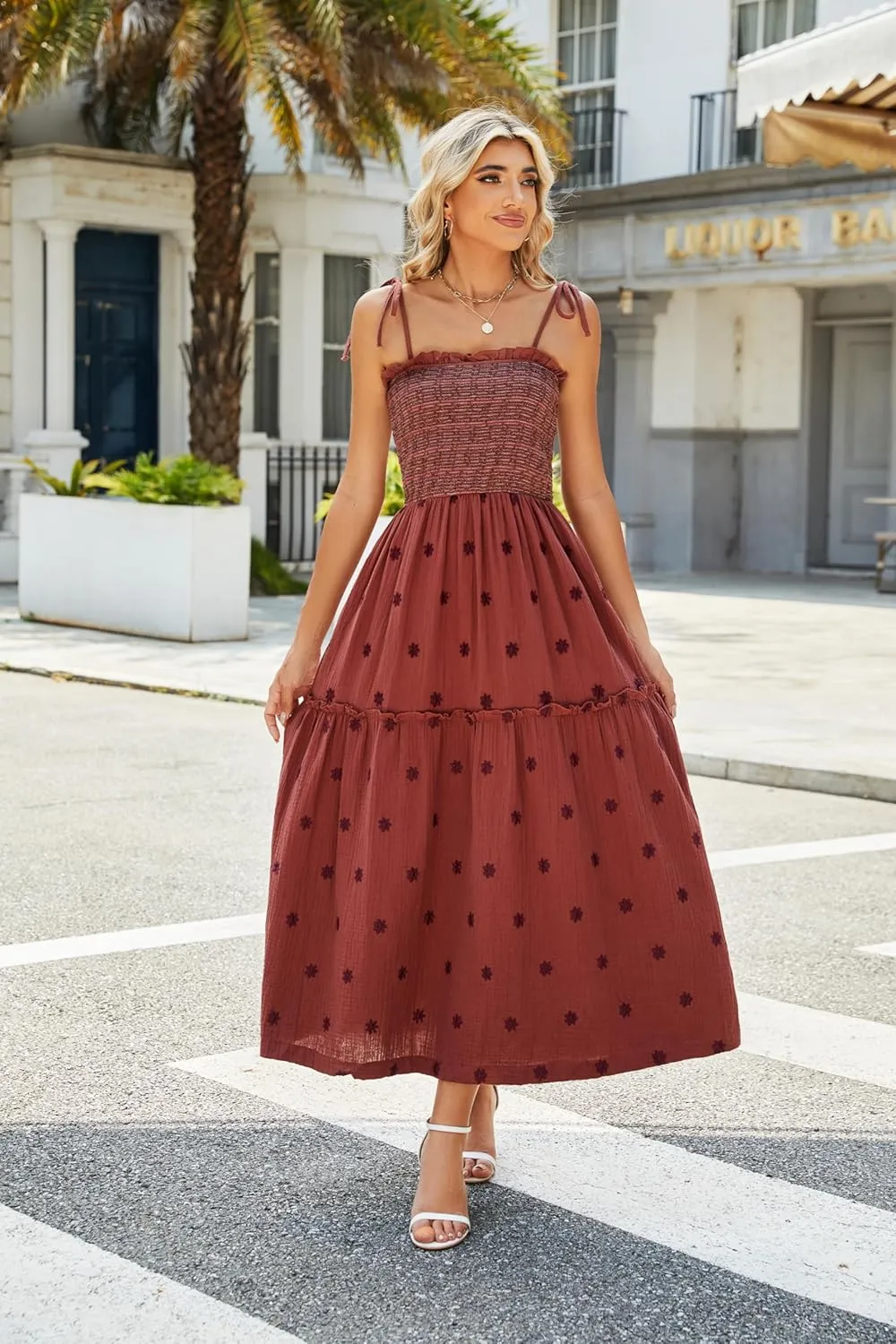 Women Floral Embroidered Maxi Dress Sleeveless Tie Shoulder Smocked Flowy Dress Boho Summer Sundresses with Pockets