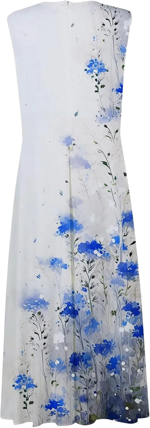 Women Floral Summer Casual Summer Sundress Sleeveless Halter Neck Spring Boho Floral Pocket Elastic Waist Ruffle Mini Dresses