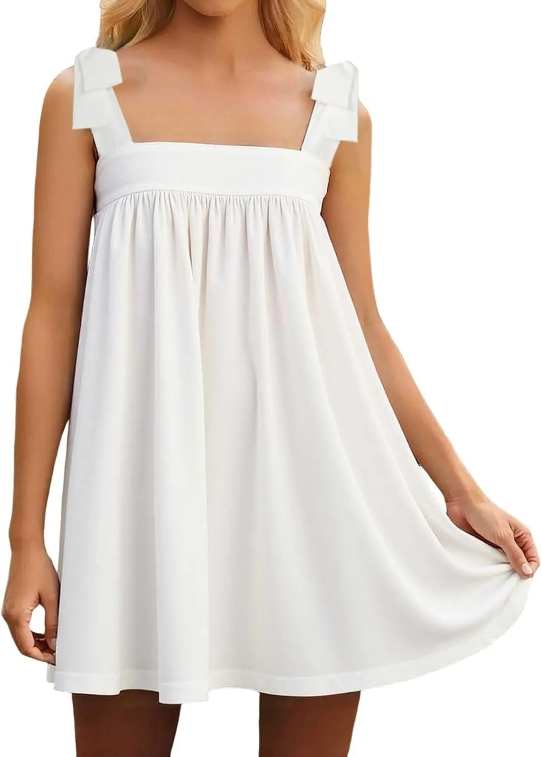 Women Floral Tie Shoulder Mini Strap Dress Cute Square Neck Loose Fit Beach Short Dress Backless Boho Vacation Sundress
