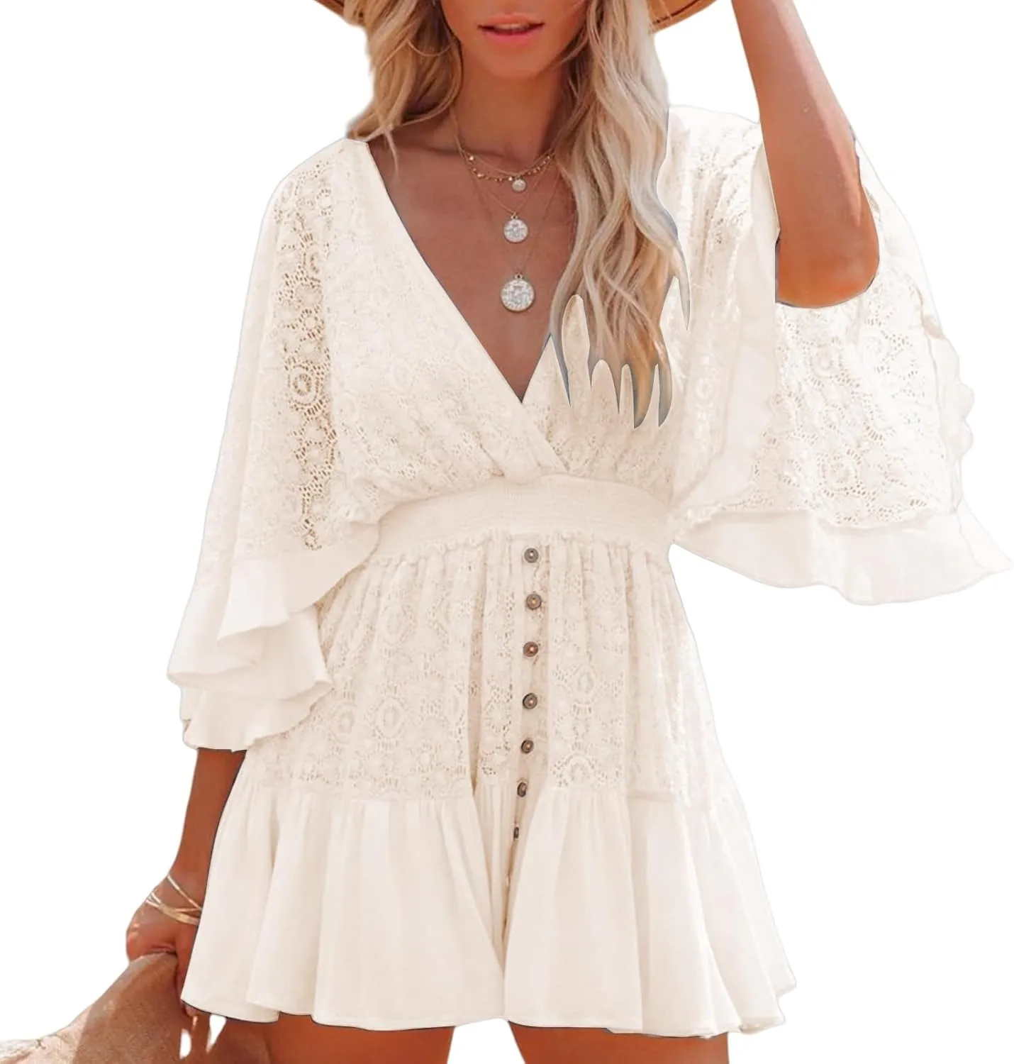 Women Lace Crochet Romper Dresses Casual Batwing Sleeve Backless Ruffle A-Line Dress Summer Flowy Swing Beach Dress