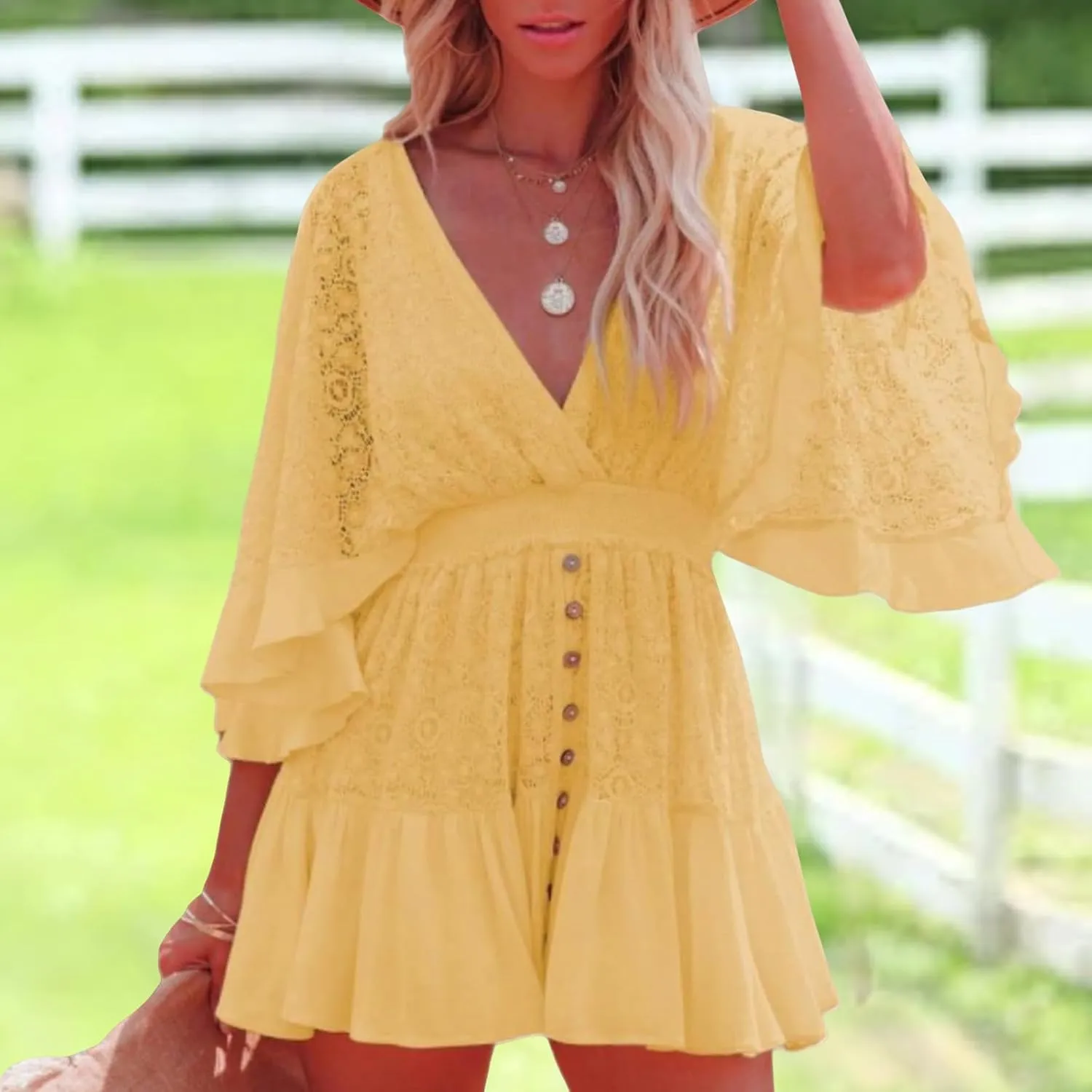 Women Lace Crochet Romper Dresses Casual Batwing Sleeve Backless Ruffle A-Line Dress Summer Flowy Swing Beach Dress