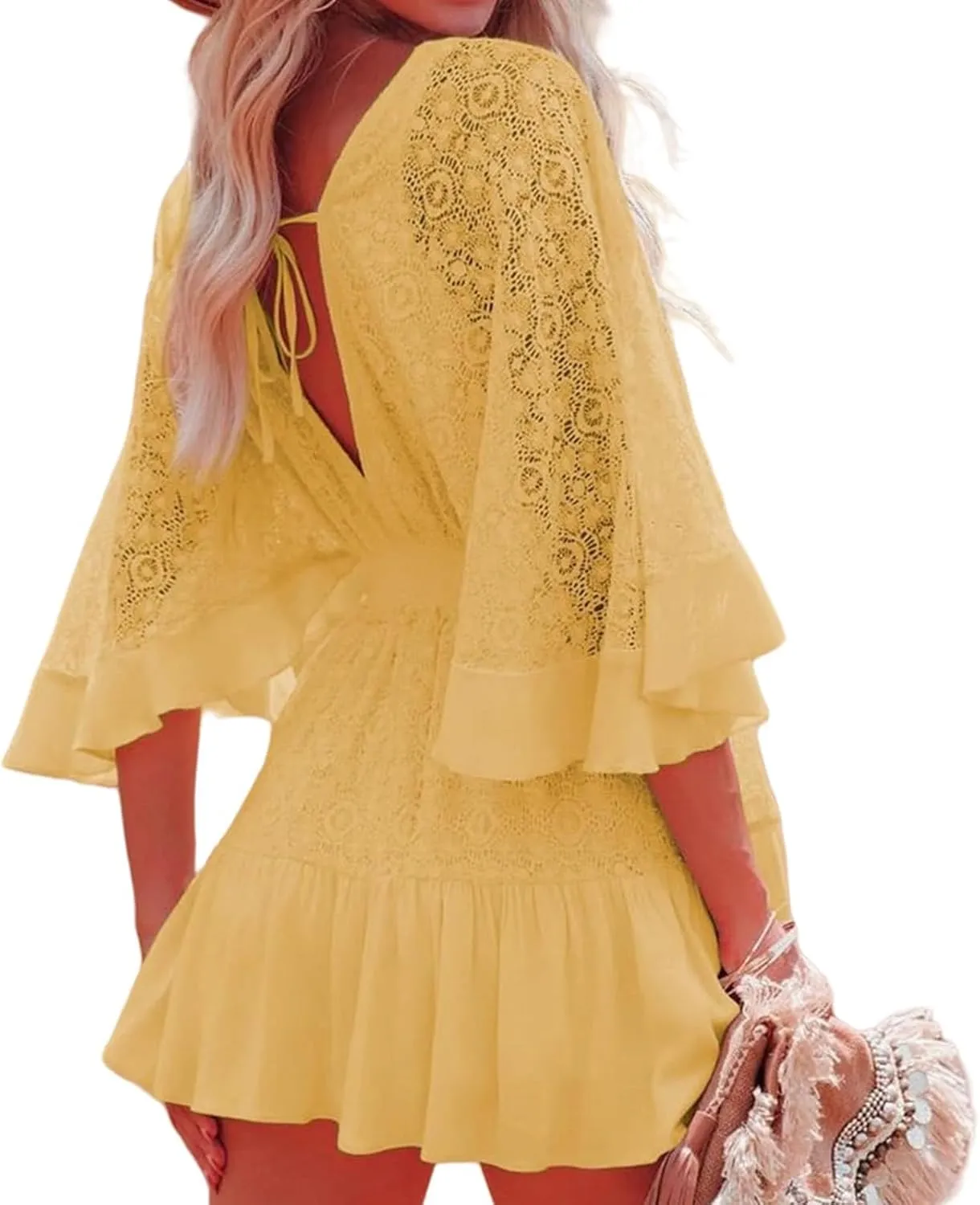 Women Lace Crochet Romper Dresses Casual Batwing Sleeve Backless Ruffle A-Line Dress Summer Flowy Swing Beach Dress
