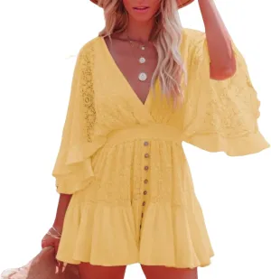 Women Lace Crochet Romper Dresses Casual Batwing Sleeve Backless Ruffle A-Line Dress Summer Flowy Swing Beach Dress