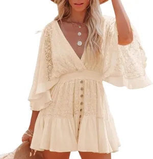 Women Lace Crochet Romper Dresses Casual Batwing Sleeve Backless Ruffle A-Line Dress Summer Flowy Swing Beach Dress