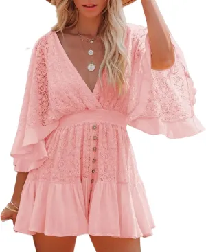 Women Lace Crochet Romper Dresses Casual Batwing Sleeve Backless Ruffle A-Line Dress Summer Flowy Swing Beach Dress