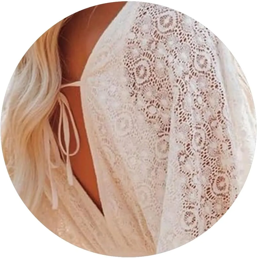 Women Lace Crochet Romper Dresses Casual Batwing Sleeve Backless Ruffle A-Line Dress Summer Flowy Swing Beach Dress