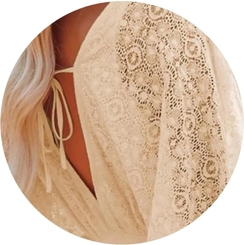 Women Lace Crochet Romper Dresses Casual Batwing Sleeve Backless Ruffle A-Line Dress Summer Flowy Swing Beach Dress