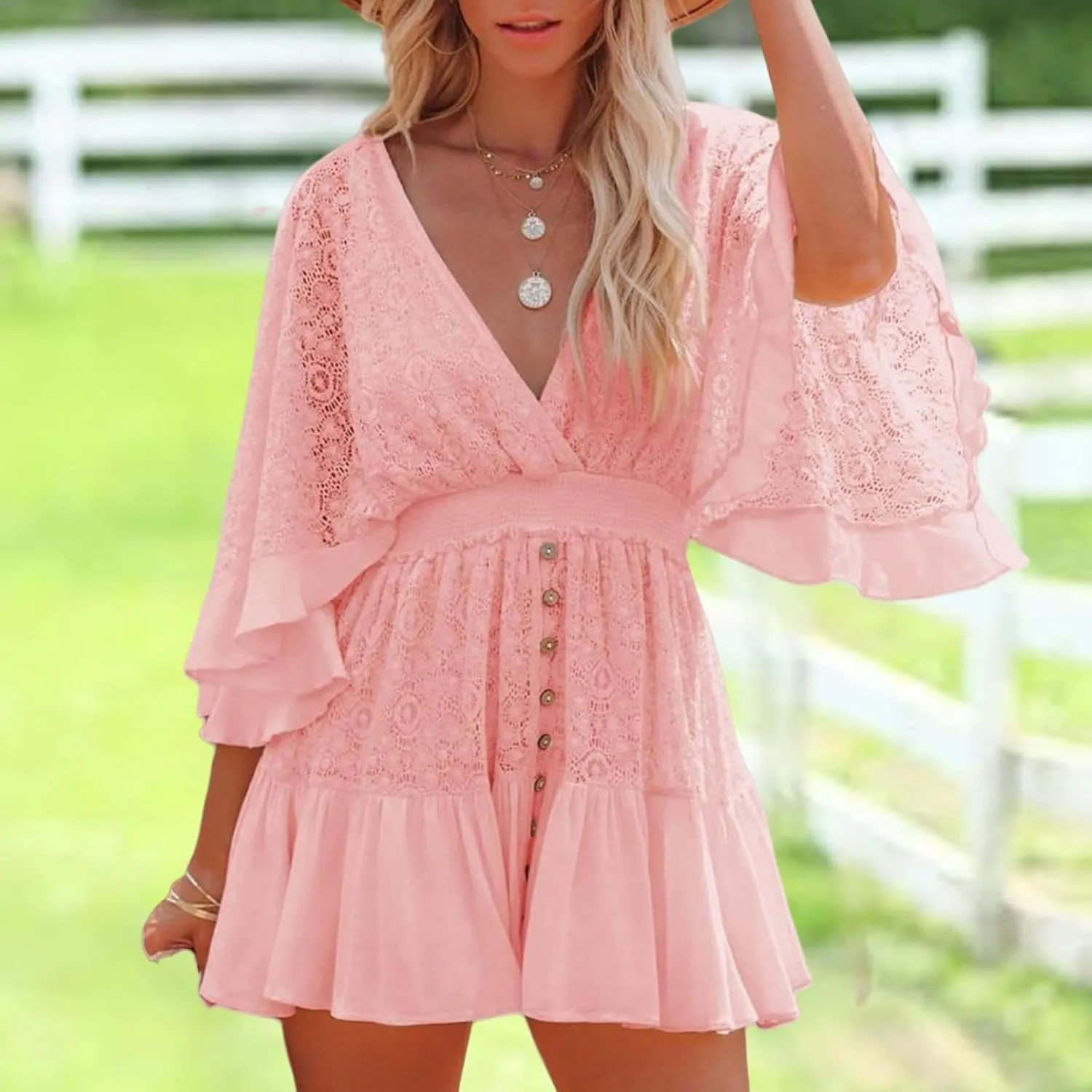 Women Lace Crochet Romper Dresses Casual Batwing Sleeve Backless Ruffle A-Line Dress Summer Flowy Swing Beach Dress