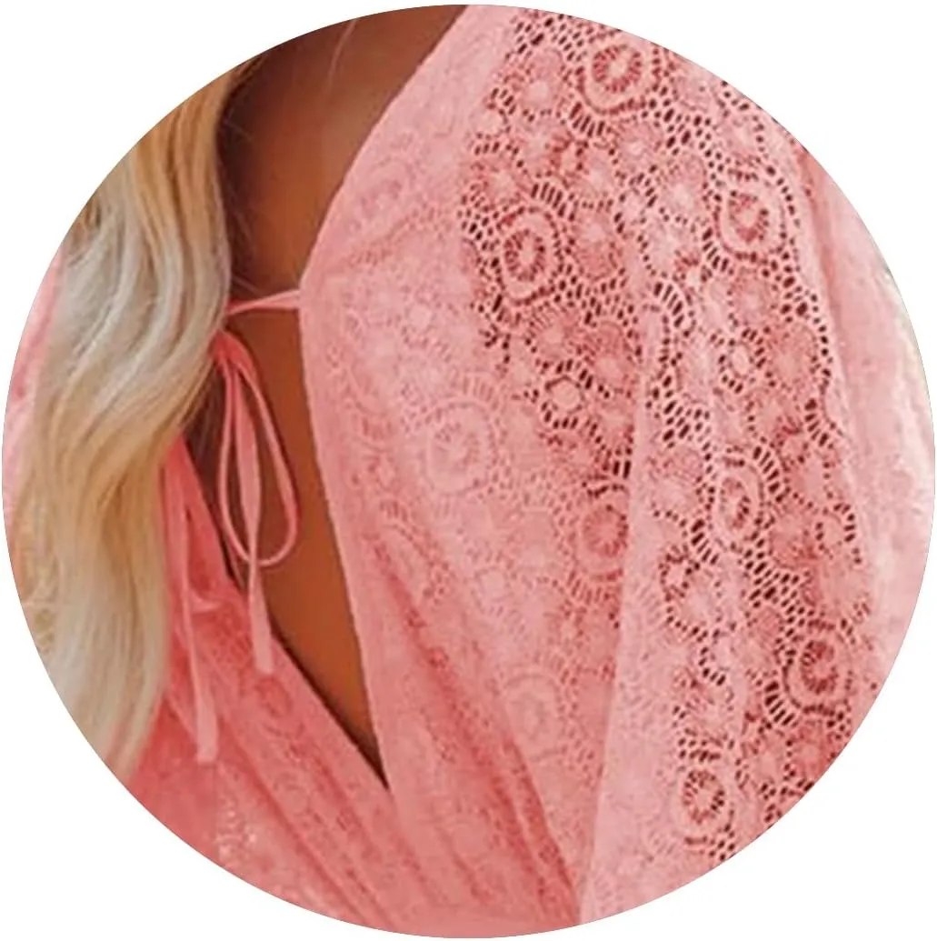Women Lace Crochet Romper Dresses Casual Batwing Sleeve Backless Ruffle A-Line Dress Summer Flowy Swing Beach Dress