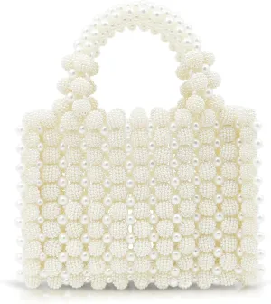Women Pearl Purse,Pearl Clutch, Evening Bags, Square Artificial Pearl Clutch, White Purse for Party Wedding Travel(White)