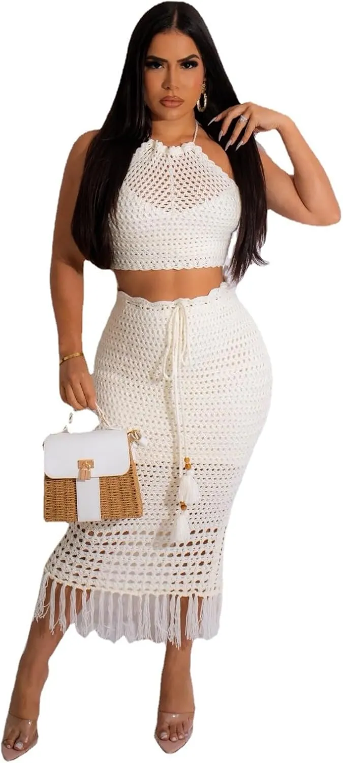 Women Plus Two-Piece Skirt Set Tassel Fishing Net Knittin Hollow Out Off Shoulder Beach Dresses Swimsuit Cover Ups