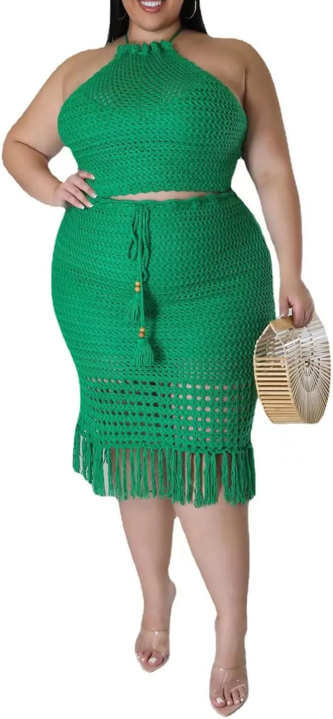 Women Plus Two-Piece Skirt Set Tassel Fishing Net Knittin Hollow Out Off Shoulder Beach Dresses Swimsuit Cover Ups