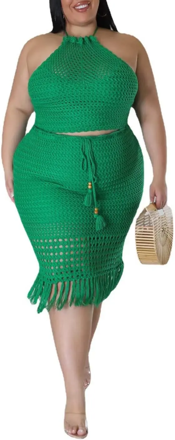 Women Plus Two-Piece Skirt Set Tassel Fishing Net Knittin Hollow Out Off Shoulder Beach Dresses Swimsuit Cover Ups