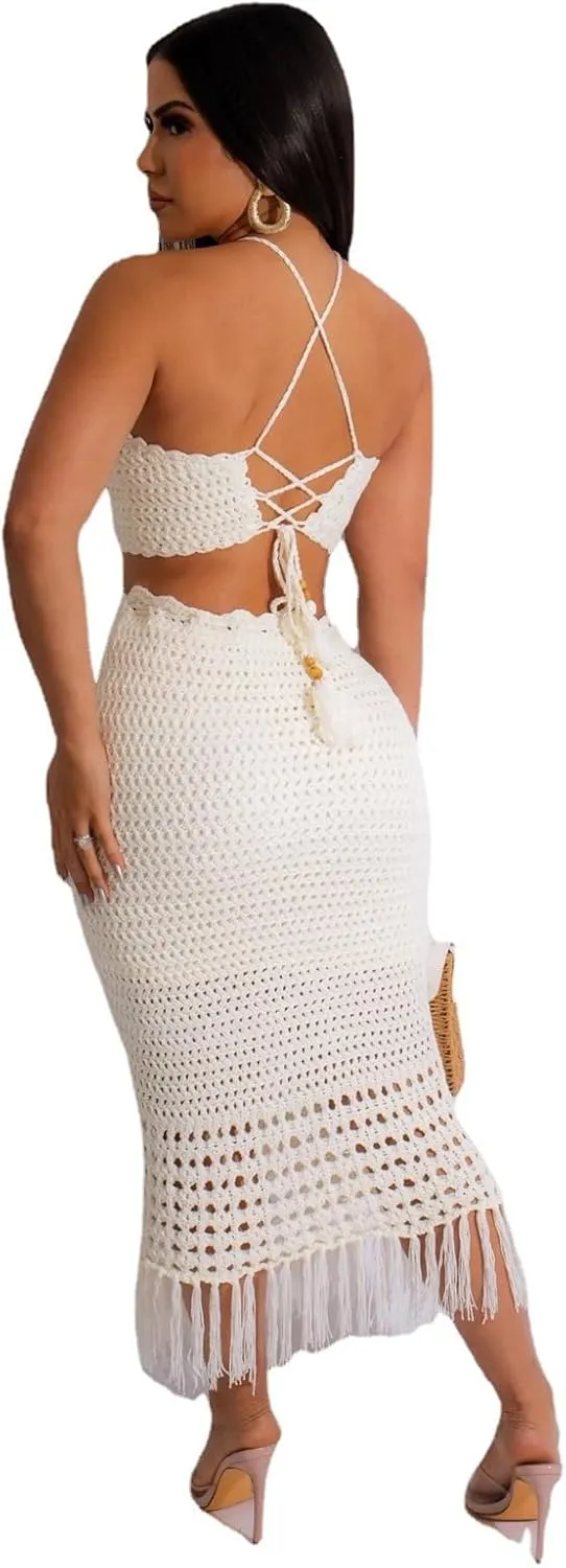 Women Plus Two-Piece Skirt Set Tassel Fishing Net Knittin Hollow Out Off Shoulder Beach Dresses Swimsuit Cover Ups
