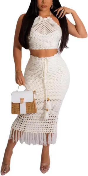 Women Plus Two-Piece Skirt Set Tassel Fishing Net Knittin Hollow Out Off Shoulder Beach Dresses Swimsuit Cover Ups