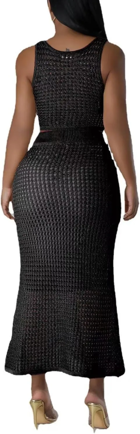 Women Plus Two-Piece Skirt Set Tassel Fishing Net Knittin Hollow Out Off Shoulder Beach Dresses Swimsuit Cover Ups